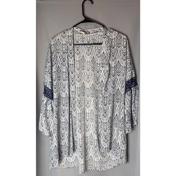 Paper Crane Kimono Cardigan Topper Ikat Print Blue White Size Medium - Picture 1 of 8